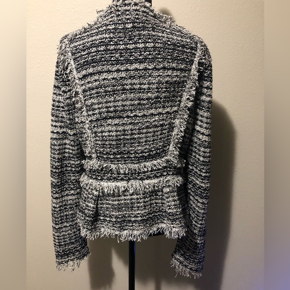 INC Cardigan Tweed Bouclé Jacket Fringe Detail Black and White Womens Size Large - Picture 2 of 8
